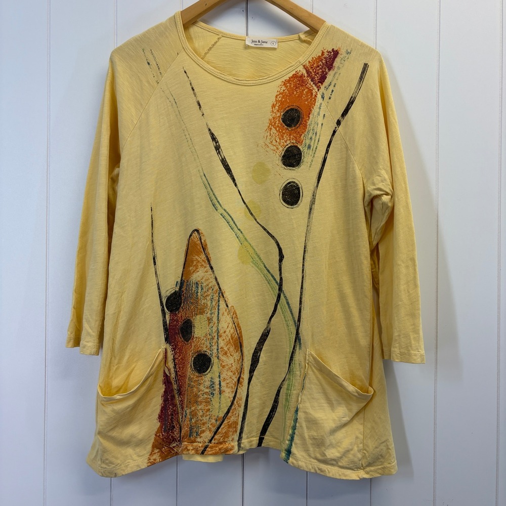 Jess & Jane Lagenlook Tunic Top Women Size Large Art Deco Scandi Boho Abstract